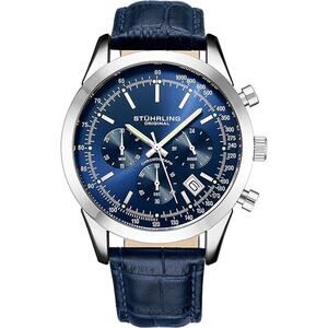 Stuhrling Original Rialto 3975L Chronograph Watch 44mm Stainless Steel Blue Dial